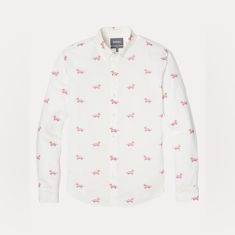 Bonobos White Button-Down Shirt with Pink and Orange Embroidered Motifs